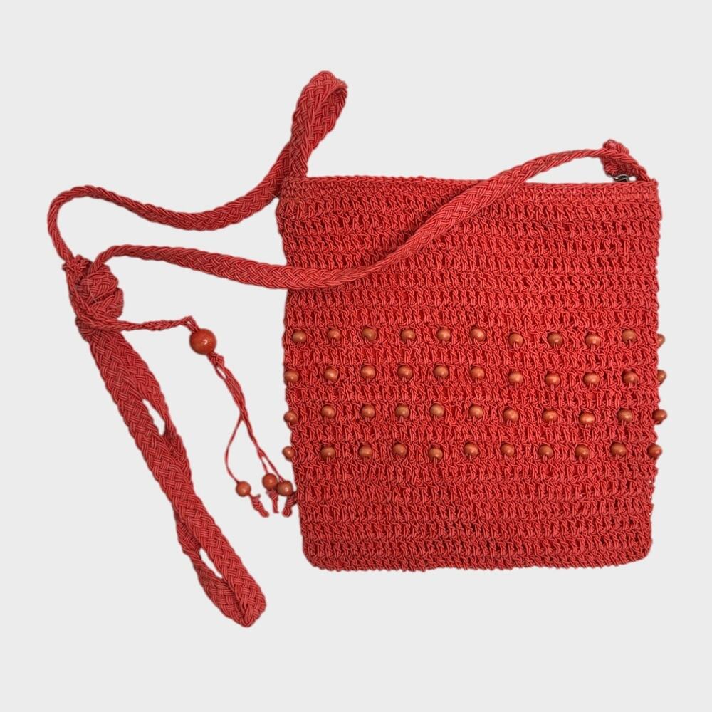 Coral Pink Beaded Crochet Mini 8" x 8" Crossbody Purse